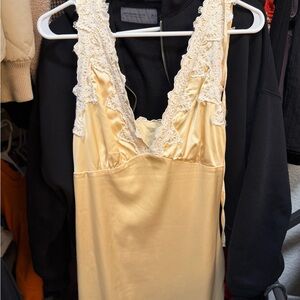 Lace-Trim Satin Midi Slip Dress in Cream